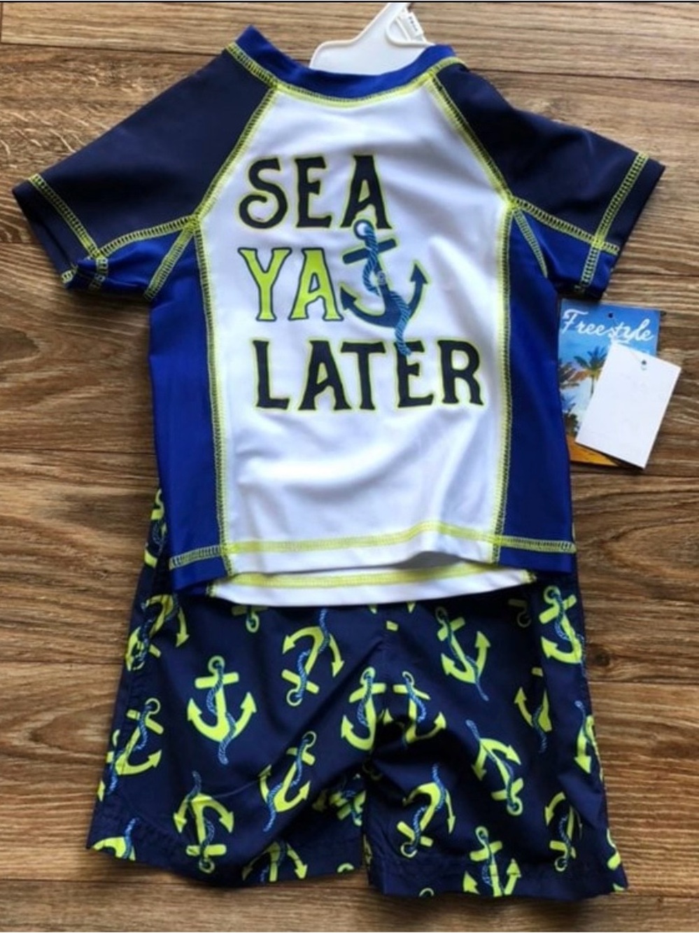 NWT Kids Navy & Lime Anchor Rashguard Swim Set